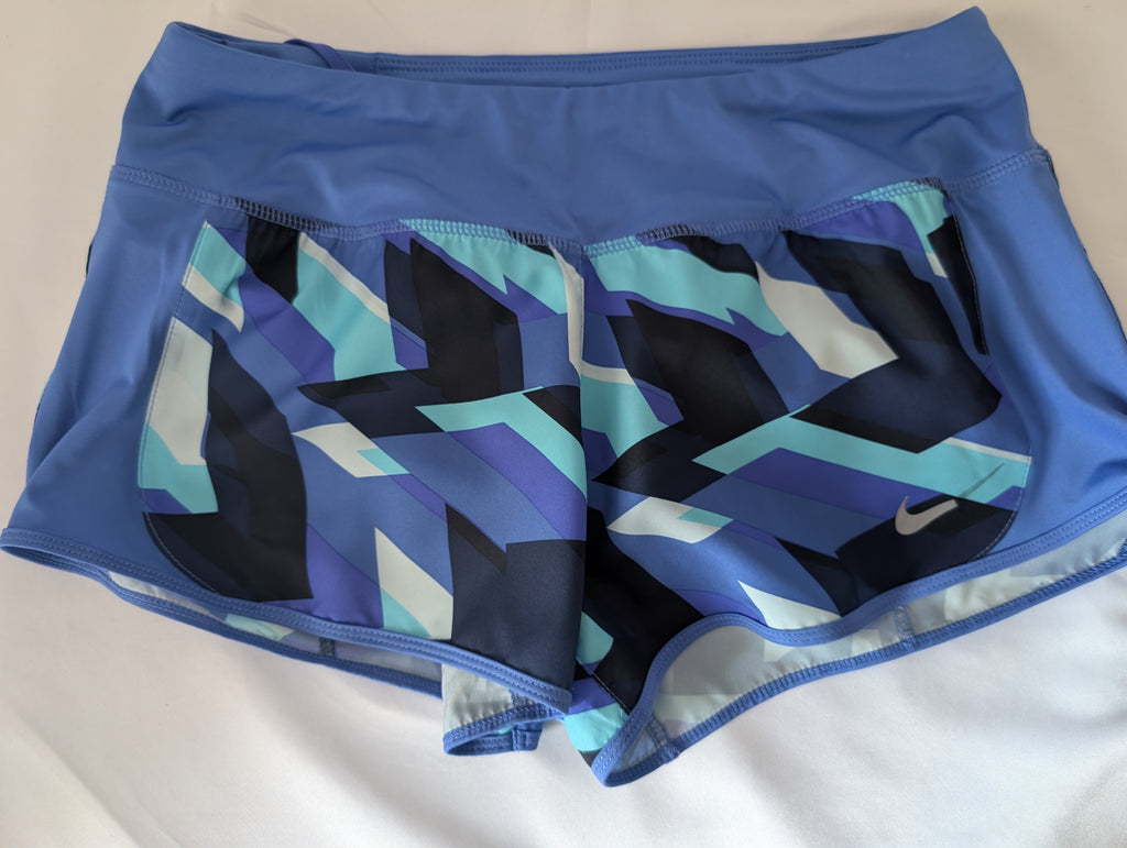 Nike Dri-Fit running shorts, Geometric Blue shades, Size Medium
