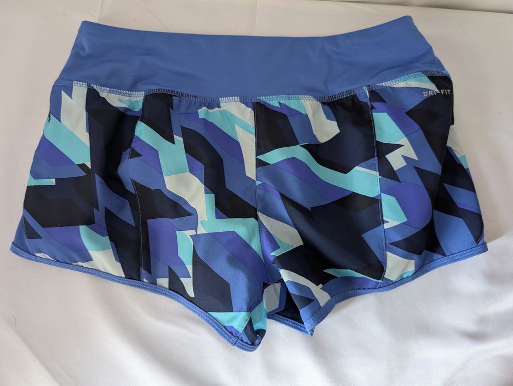 Nike Dri-Fit running shorts, Geometric Blue shades, Size Medium