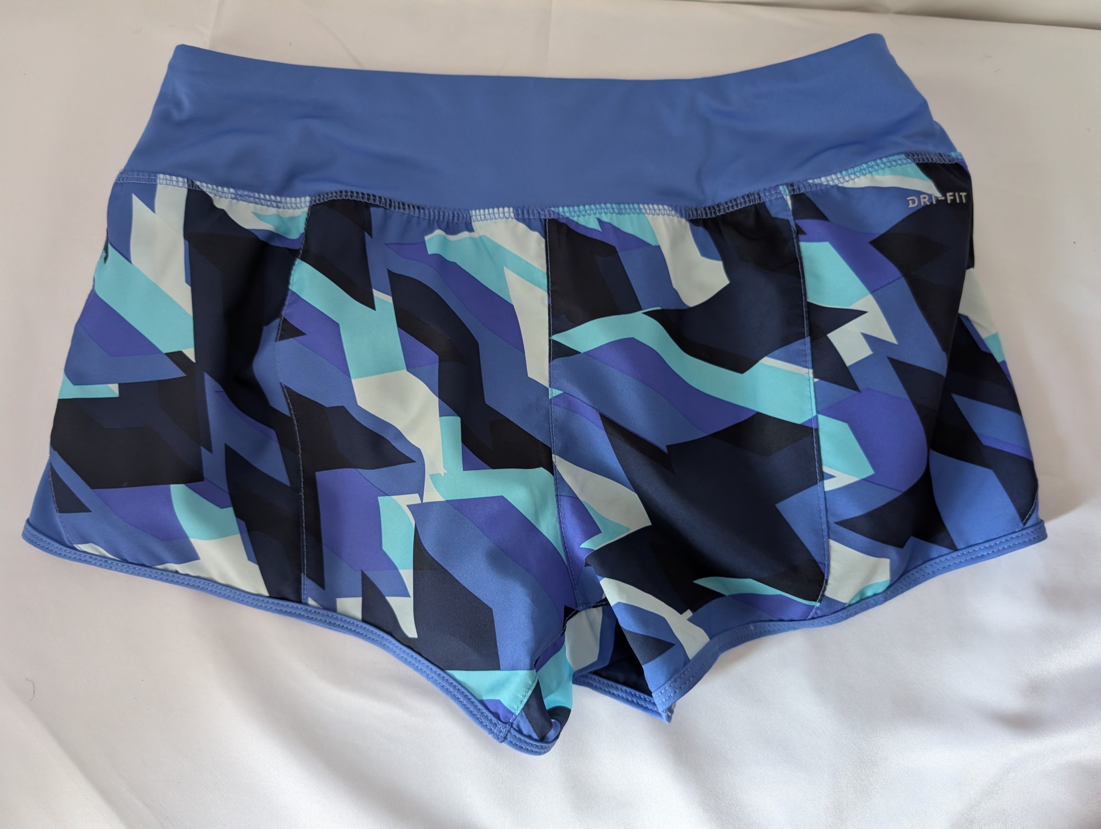 Nike Dri-Fit running shorts, Geometric Blue shades, Size Medium